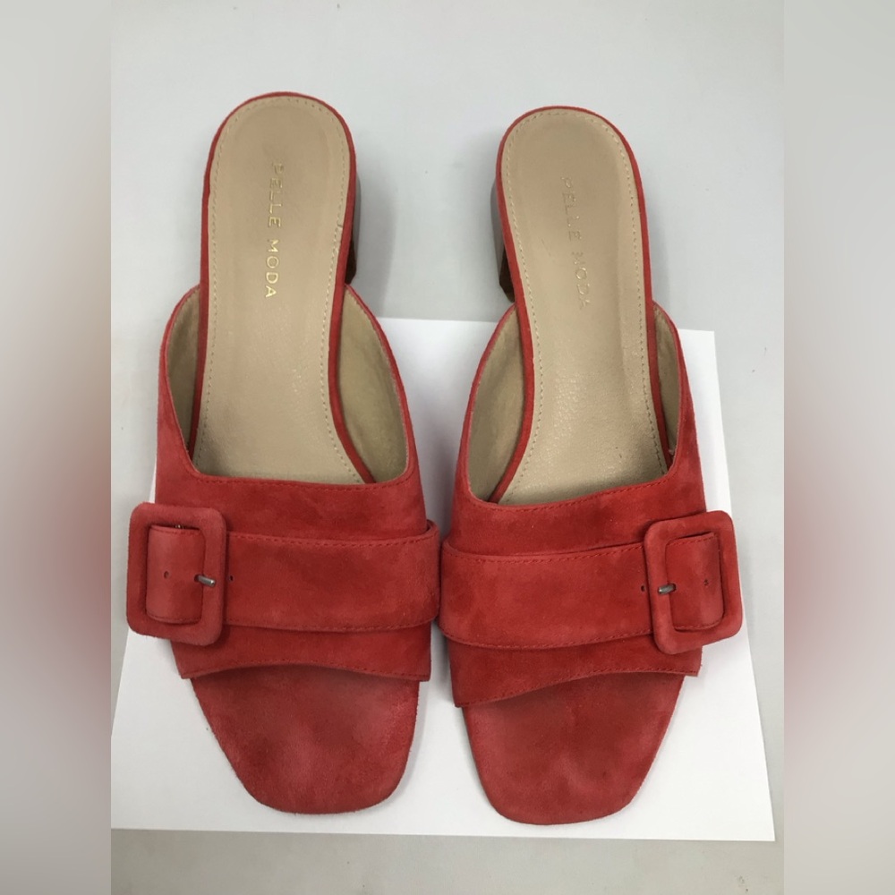 Pelle Moda salmon color Tala Suede block heel Mules with Buckle